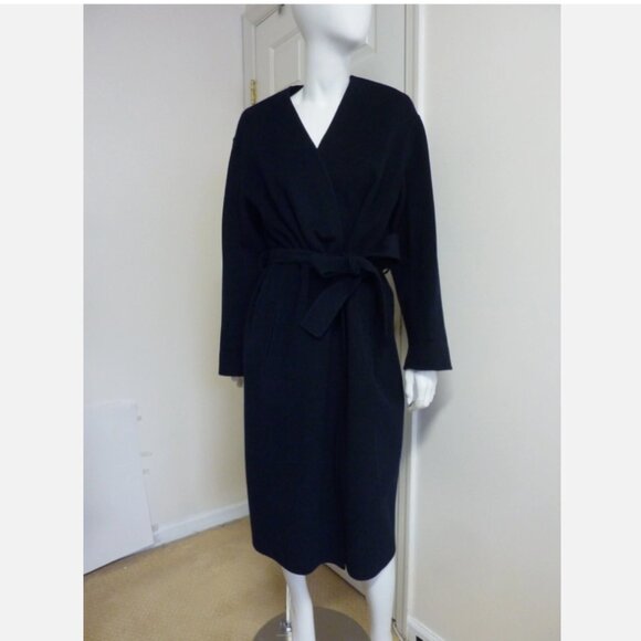 VINCE Wool-Cashmere-Blend Belted Collarless Coat in Navy Blue - Picture 1 of 7